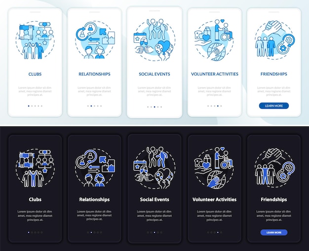 Schermata della pagina dell'app mobile onboarding impostata per la partecipazione sociale. procedura dettagliata di attività 4 passaggi istruzioni grafiche con concetti. modello vettoriale ui, ux, gui con illustrazioni lineari in modalità giorno e notte