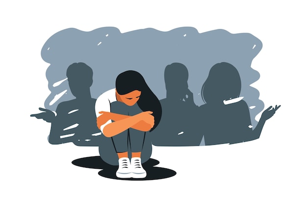 Вектор Концепция социофобии тревожного расстройства грустная женщина борется с одиночеством и одиночеством в толпе outcast vector illustration