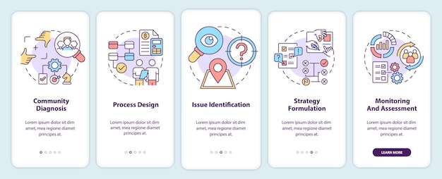 Fasi della pianificazione sociale schermata dell'app mobile di onboarding procedura dettagliata per i cambiamenti della società 5 passaggi pagine di istruzioni grafiche con concetti lineari modello della gui ui ux myriad probold font regolari utilizzati