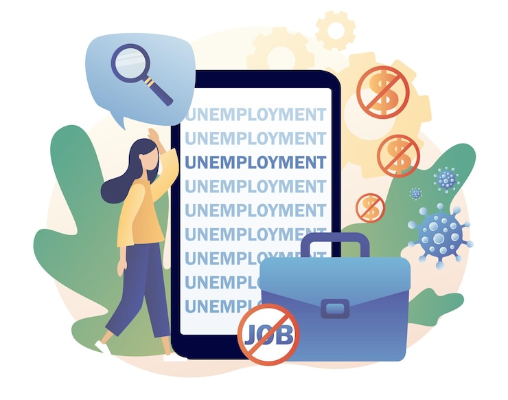 Vector social problem concept unemployment text on smartphone screen tiny woman unemployed looking