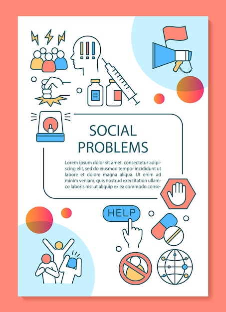 Vector social problems poster template layout. social disorganization, conflicts, crimes. banner, booklet, leaflet design with linear icons. vector brochure page layouts for magazines, advertising flyers