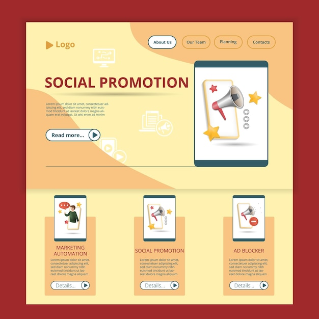 Social promotion flat landing page website template story telling social promotion ad blocker web