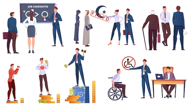 Vector social religion and income inequality icons set with human characters isolated vector illustration