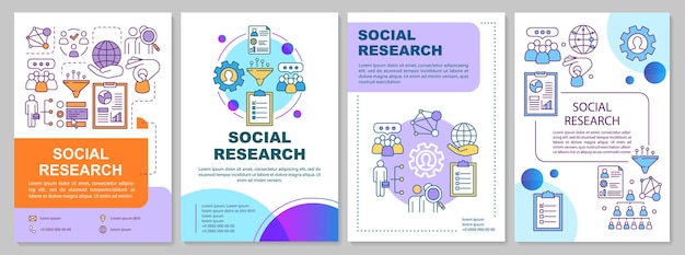 Layout del modello di brochure di ricerca sociale. sociologia. sondaggio sociale, sondaggio. volantino, opuscolo, stampa di volantini con illustrazioni lineari. layout di pagina vettoriali, relazioni annuali, manifesti pubblicitari