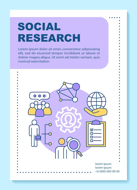 社会調査ポスターテンプレートのレイアウト。社会調査、調査。コミュニティ分析。線形アイコンとバナー、小冊子、リーフレットの印刷デザイン。雑誌、広告チラシのベクトルパンフレットページレイアウト