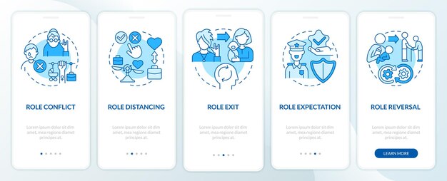 사회적 역할 액션 블루 컨셉 온보딩 모바일 앱 페이지 화면. 개념이 포함된 4단계 그래픽 지침을 배치합니다. 선형 컬러 일러스트레이션이 있는 Ui, Ux, Gui 벡터 템플릿