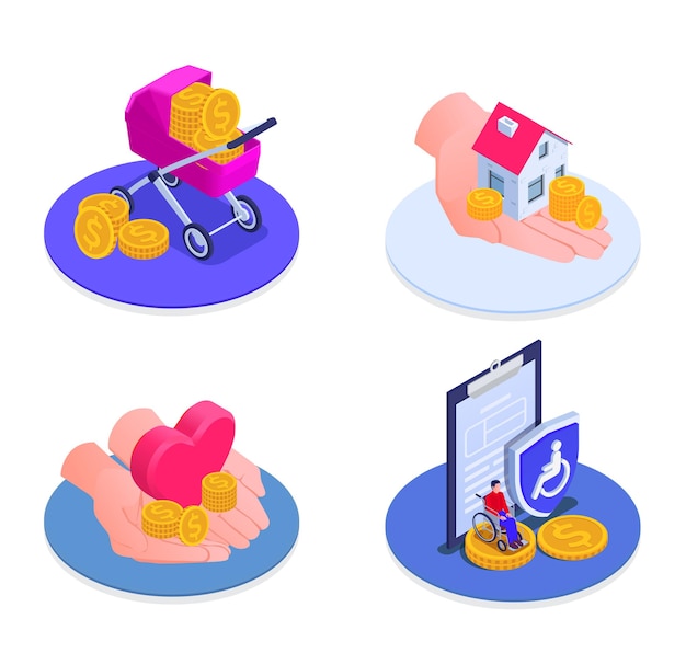 Social security isometric icons set of maternity support unemployed and disabled benefits isolated illustration