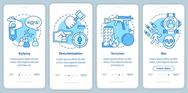 Social violence onboarding mobile app page screen with linear concepts. Bullying, discrimination, terrorism, war walkthrough steps, instructions. Social issues. UX, UI, GUI vector template with icons