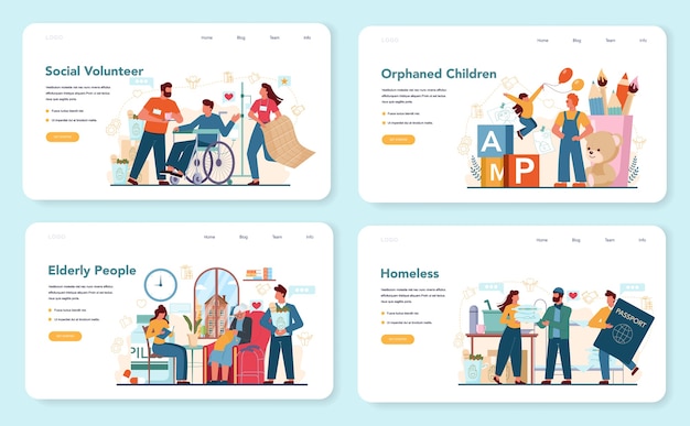 사회 자원 봉사 웹 배너 또는 방문 페이지 세트
