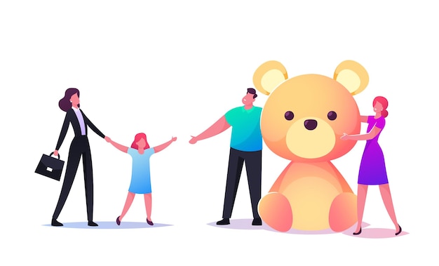 Personaggio femminile dell'assistente sociale che porta un bambino orfano a nuovi genitori con un enorme regalo di orso morbido.