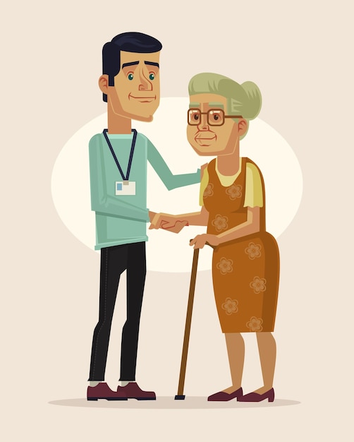 Social worker and grandmother flat cartoon illustration