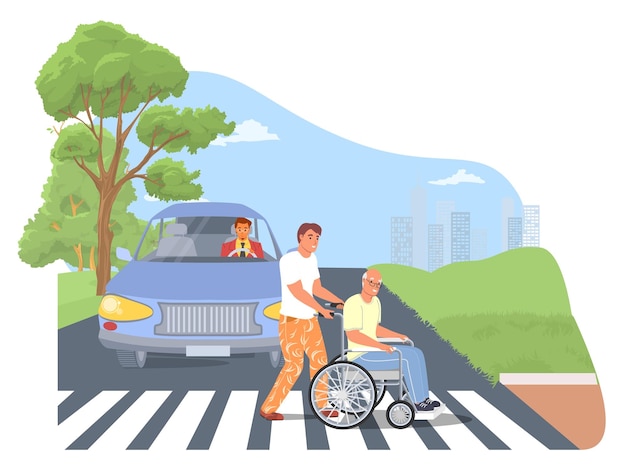 高齢者の世話をする社会福祉士が車椅子に乗った男性が道路を横断するのを手伝っています