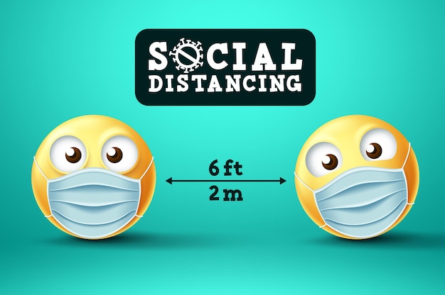 Sociale afstand emoji vector teken. emoji of emoticon met gezichtsmasker in openbare sociale afstand.