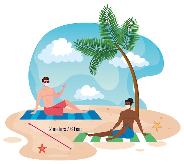 sociale afstand op het strand, mannen houden afstand twee meter of zes voet, nieuw normaal zomerstrandconcept na coronavirus of covid 19