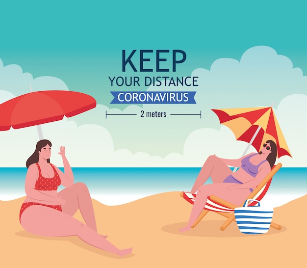 Sociale afstand op het strand, vrouwen houden afstand twee meter, nieuw normaal zomerstrandconcept na coronavirus of covid-19 vectorillustratieontwerp