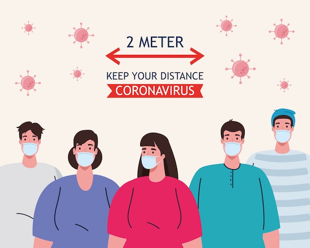 Sociale afstand, stop coronavirus op twee meter afstand, houd afstand in de openbare samenleving om mensen te beschermen tegen covid-19, mensen die een medisch masker dragen tegen coronavirus