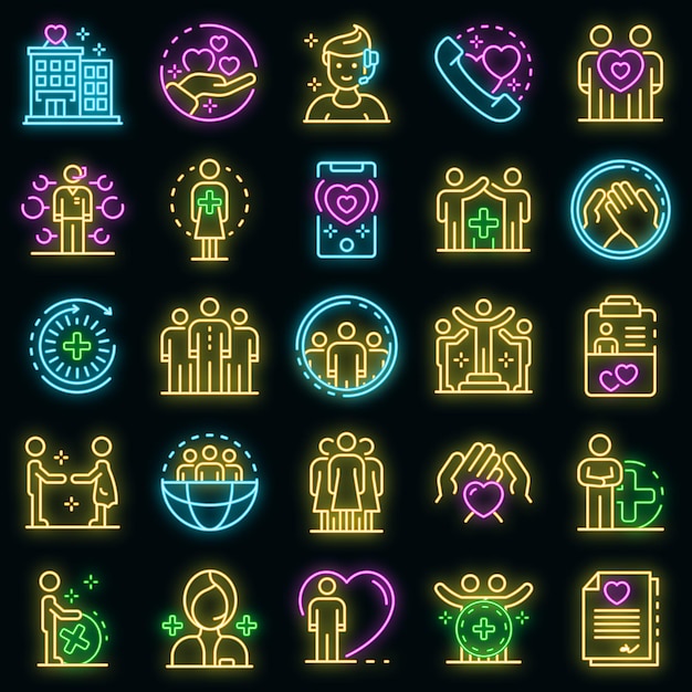 Sociale dienst pictogrammen instellen. Overzicht set van sociale dienst vector iconen neon kleur op zwart