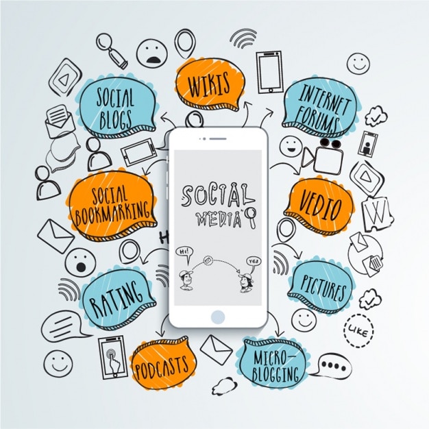Sociale media achtergrond met mobiele telefoon en gekleurde tekstballonnen
