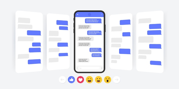 Sociale media concept. slimme telefoon met carrousel-messenger-chatscherm. sms-sjabloonbellen voor het opstellen van dialogen. moderne illustratiestijl.