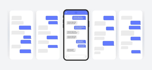 Sociale media concept. slimme telefoon met carrousel-messenger-chatscherm. sms-sjabloonbellen voor het opstellen van dialogen. moderne illustratiestijl.