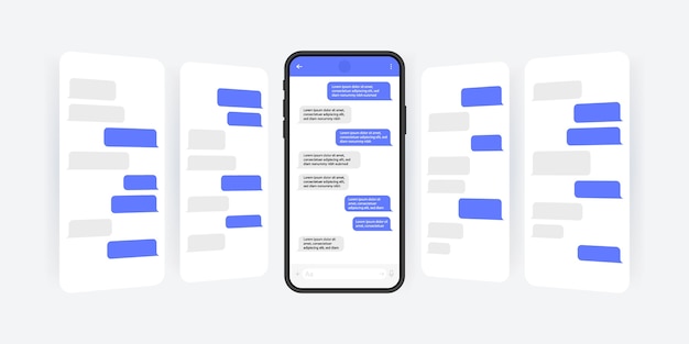 Vector sociale media concept. slimme telefoon met carrousel-messenger-chatscherm. sms-sjabloonbellen voor het opstellen van dialogen. moderne illustratiestijl.