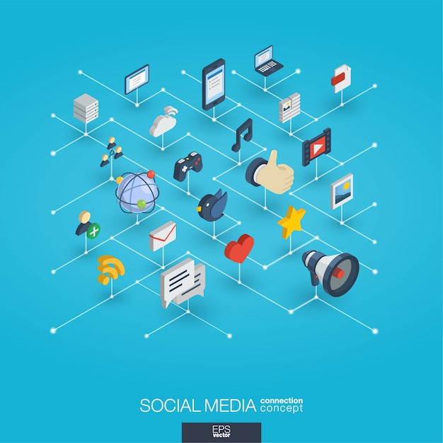 Sociale media geïntegreerd 3d web iconen. Digitaal netwerk isometrisch interactieconcept.