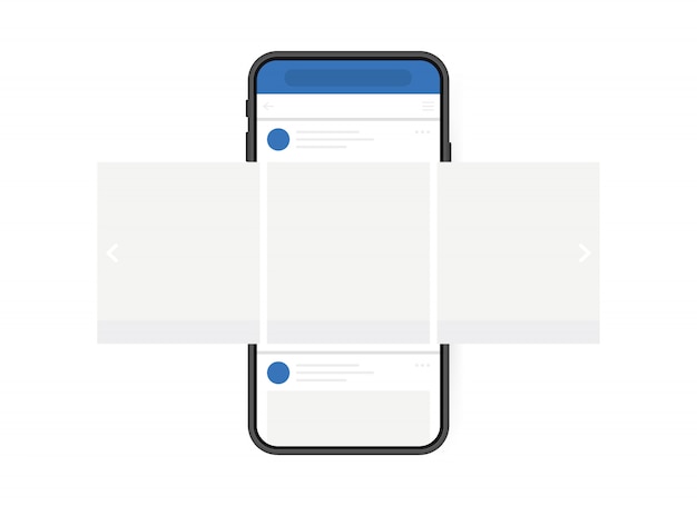 Sociale media ontwerpconcept. Smartphone met interface carrouselpost op sociaal netwerk. Moderne vlakke stijl