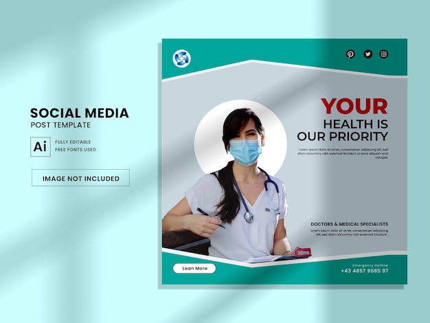 Sociale media post en promotiebanner voor medische gezondheidszorg premium vector