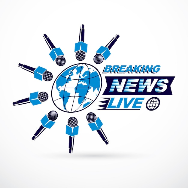 Sociale telecommunicatie thema vector logo gemaakt met blauwe Earth planet illustratie omringd met microfoons en met breaking news inscriptie. Persconferentieconcept.