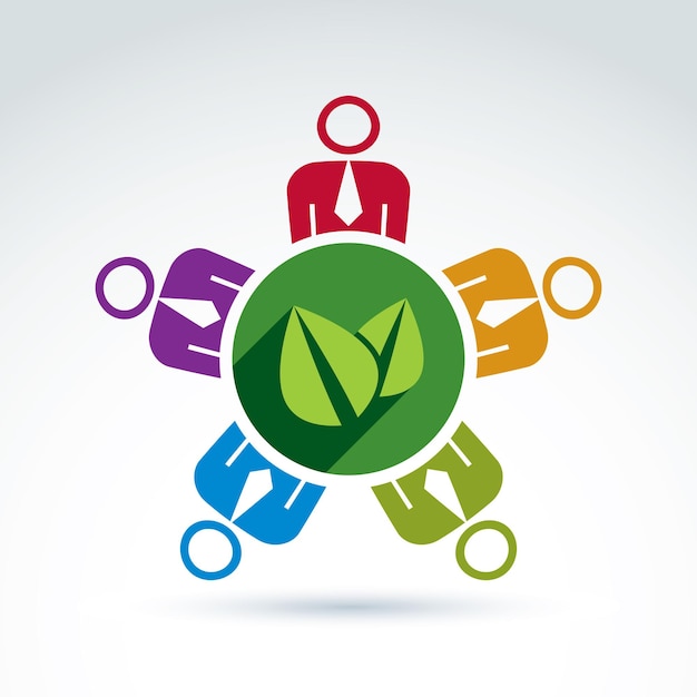 Society or business team working to protect nature and floral life, vector conceptual icon.