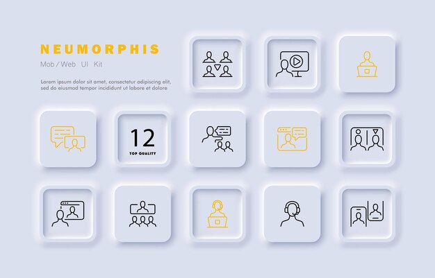 Society set icon teamwork teambuilding delegation company colleagues conversation website operator support service infographic concept neomorphism style vector line icon for advertising