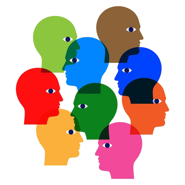 Society structure concept vector illustration with colorful heads gathered on a white background