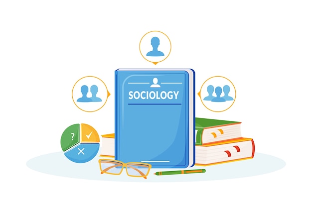 Sociology flat concept illustration. school subject. social science metaphor. university course. study of society. people interaction analysis. student textbooks 2d cartoon objects