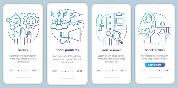 Sociology onboarding mobile app page screen with linear concepts