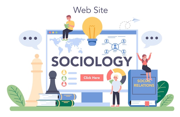 社会学の教科オンラインサービスまたはプラットフォーム。社会、社会関係のパターン、文化を学ぶ学生。ウェブサイト。ベクトルイラスト