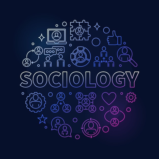 Sociology and Social Interaction concept vector round outline colored banner with dark background