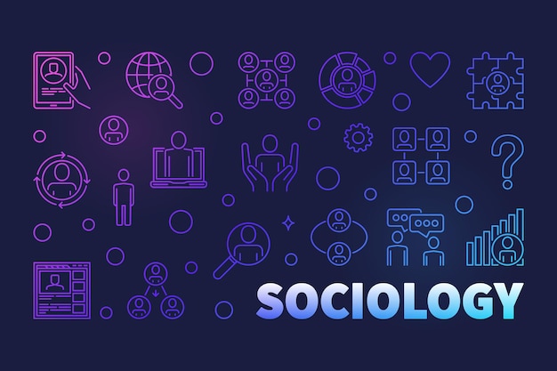 Vector sociology and social science thin line concept vector colored horizontal banner with dark background