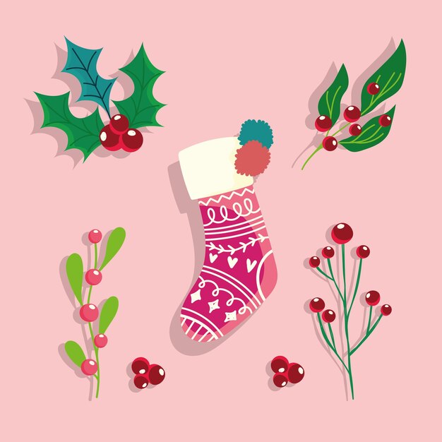 Vector sock holly berry christmas celebration and decoration