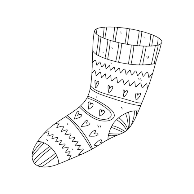 Sock with hearts pattern in hand drawn doodle style for children coloring book