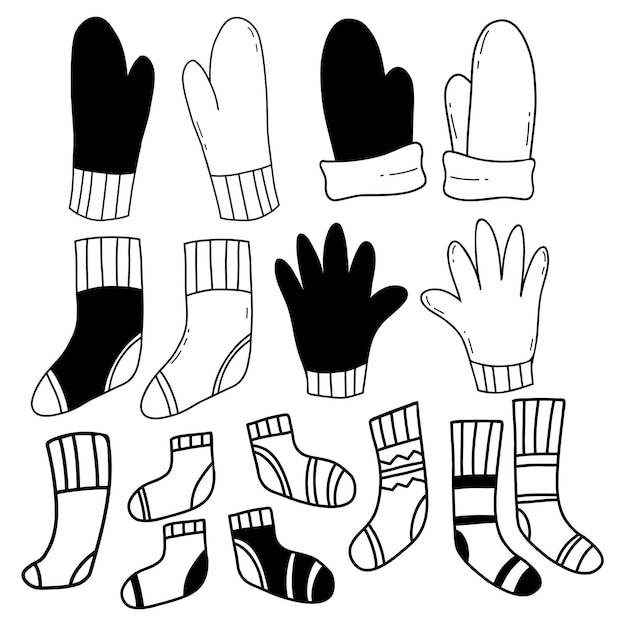 ベクトル 靴下と手袋 孤立した 手描きの輪郭 季節の服