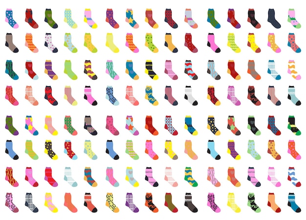 Носки большой набор иконок. Коллекция носков, плоский дизайн. Носки, изолированные на белом фоне. Теплые шерстяные носки с милыми узорами. Зимние носки. Векторная иллюстрация