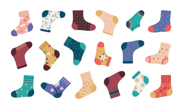 Socks. Cartoon fashion socks isolated set, funny doodle footwear with simple pattern and different stylish elements. Vectors illustration collection trendy apparel for kids