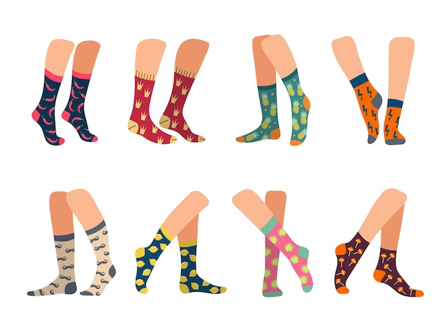 Socks on feet Active lifestyle socks on legs male and female underwear colorful textile woolen clothes recent vector pictures collection in flat style