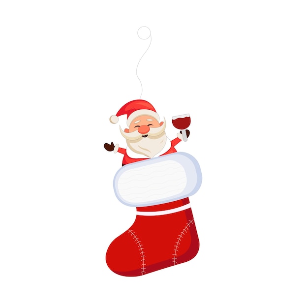 Socks ornament and santa claus with a glass of wine vector isolate don white background.