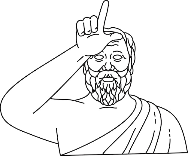 ソクラテス ギリシャの哲学者が敗者の手のジェスチャーを作るモノラル ライン アート