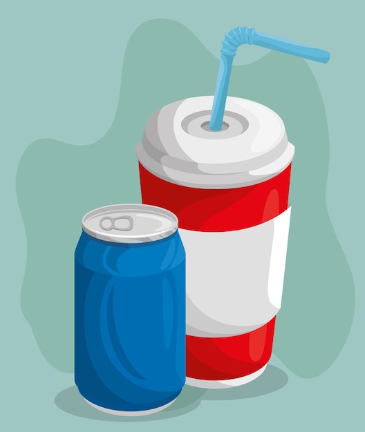 A soda can and cup with straw