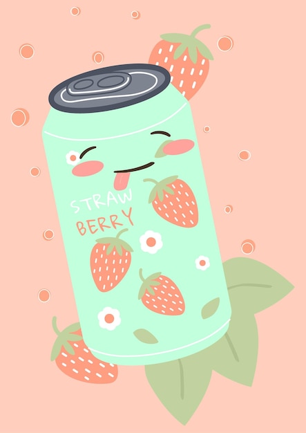 Soda can Cute aluminum jar with strawberry sweet drinks kawaii juice or cocktail in metal bottle Berry tonic happy food mascot funny packaging vector cartoon flat isolated illustration