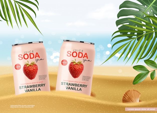 Soda drink  in metallic can with strawberry fruits , 3d realistic pink cans, summer drink, package design