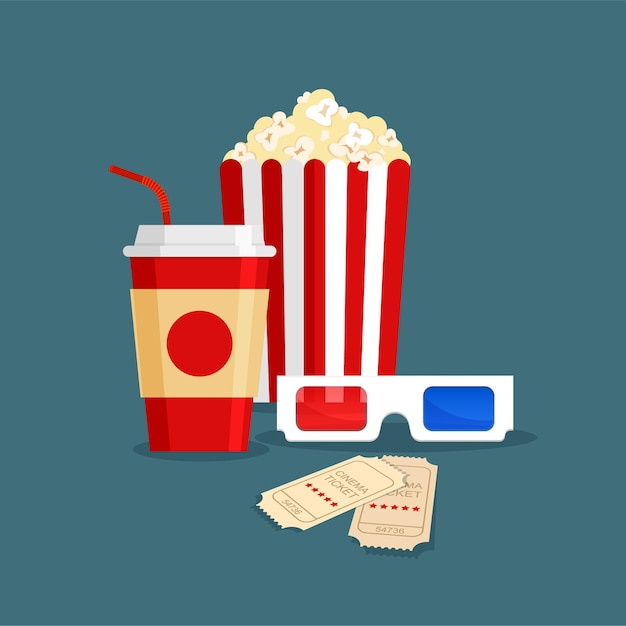 Soda drink, popcorn in classic striped red white cardboard box, tickets and 3D glasses in cartoon style