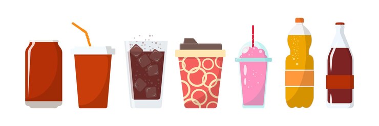 Vector soda drinks in plastic and aluminum packaging set sparkling water with different flavors bottled drink vitamin juice sparkling or natural water in tanks vector illustration